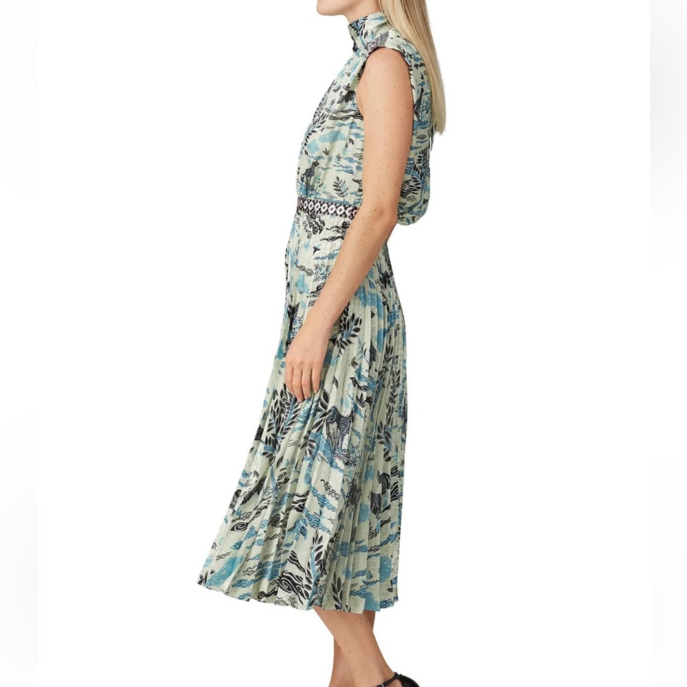 Saloni Fleure Graphic Print mint Green Blue Accordion pleat Dress